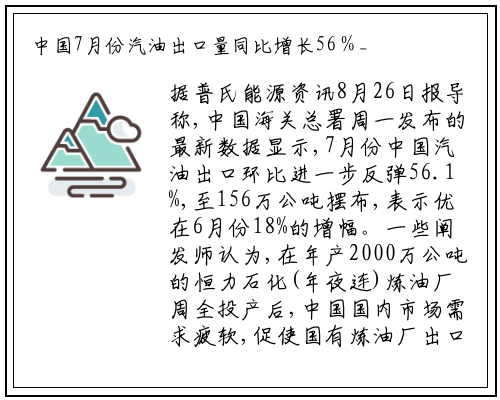 中国7月份汽油出口量同比增长56％_beat365官网